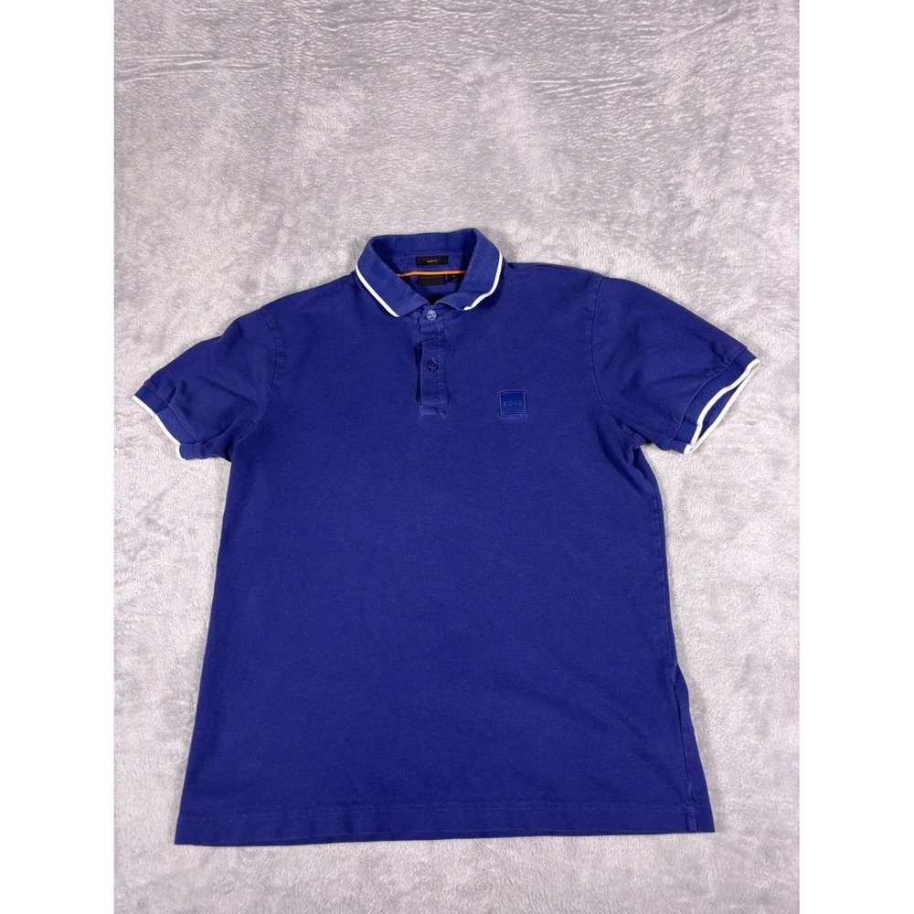 Hugo Boss Polo Passenger Mens L Blue Short Sleeve Ribbed Trim